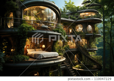 Concept of an ecological hotel or house in the future Concept of an ecological hotel or house in the future 110047229