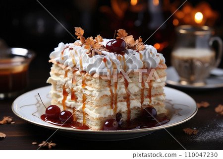Piece of Esterhazy cake on a plate Piece of Esterhazy cake on a plate 110047230
