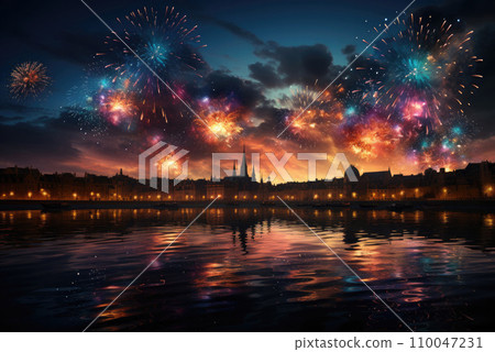 Landscape of the evening city against the background of the river and fireworks in the night sky Landscape of the evening city against the background of the river and fireworks in the night sky 110047231