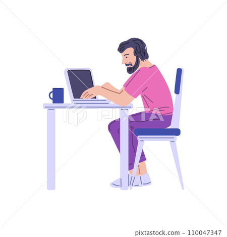 Freelance lifestyle, benefits of remote job, vector freelancer man working or studying at the laptop at home Freelance lifestyle, benefits of remote job, vector freelancer man working or studying at the laptop at home 110047347