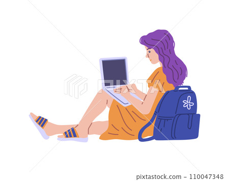 Freelancer or student working on laptop, flat vector illustration isolated. Freelancer or student working on laptop, flat vector illustration isolated. 110047348