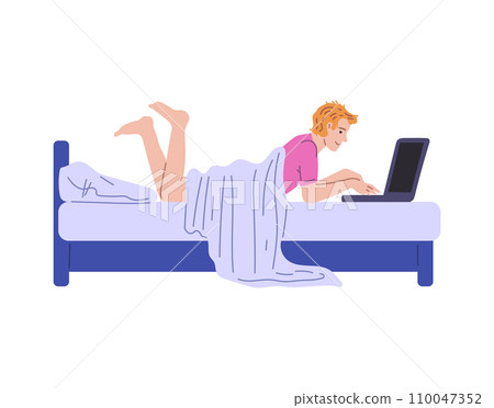 Freelance lifestyle benefits, vector cartoon freelancer working relaxed on laptop lying on the bed under the blanket Freelance lifestyle benefits, vector cartoon freelancer working relaxed on laptop lying on the bed under the blanket 110047352