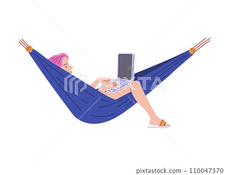 Freelance lifestyle benefits, vector cartoon freelancer working relaxed on laptop lying in a hammock isolated on white Freelance lifestyle benefits, vector cartoon freelancer working relaxed on laptop lying in a hammock isolated on white 110047370