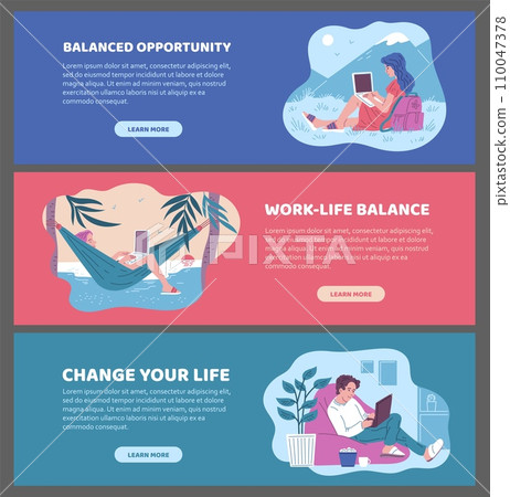 Freelance lifestyle, benefits of remote job, balanced opportunity vector flyers template, freelancer working on laptop 110047378