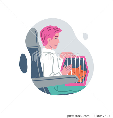 Man on public transport with pet in carrier, vector comfortable transportation pet in trip with owner in a subway train Man on public transport with pet in carrier, vector comfortable transportation pet in trip with owner in a subway train 110047425