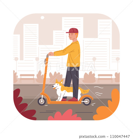 Person with dog rides a scooter on cityscape, traveling with pet, have fun together, vector animal transportation Person with dog rides a scooter on cityscape, traveling with pet, have fun together, vector animal transportation 110047447