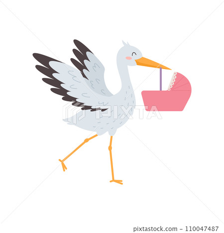 Cute smiling stork bird carrying pink cradle flat style, vector illustration Cute smiling stork bird carrying pink cradle flat style, vector illustration 110047487