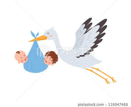 Stork carrying a cute newborn babies in a blue diaper, it's a twins boys, vector greeting birthday, baby announcement Stork carrying a cute newborn babies in a blue diaper, it's a twins boys, vector greeting birthday, baby announcement 110047488