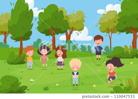 Cute happy children jumping rope together at park flat style 110047533