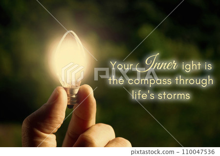 Motivational quote about your inner light with closeup light bulb background. 110047536