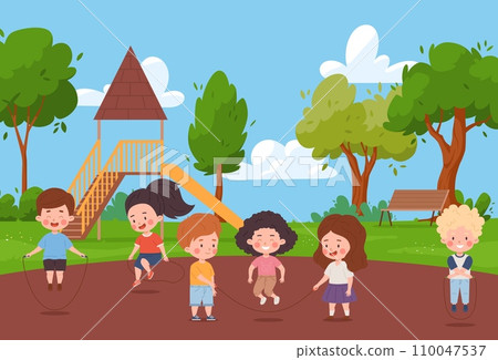 Happy children jumping rope at playground flat style, vector illustration 110047537