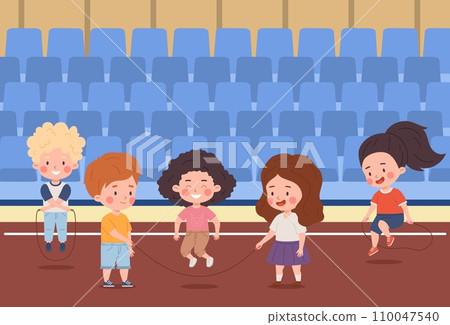 Happy cute kids play jump rope at the stadium, vector boys and girls skipping rope, leisure sport activity children game 110047540