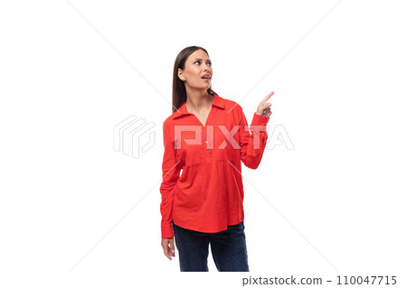 young successful brunette leader woman with long hair dressed in a red blouse points with her hand young successful brunette leader woman with long hair dressed in a red blouse points with her hand 110047715