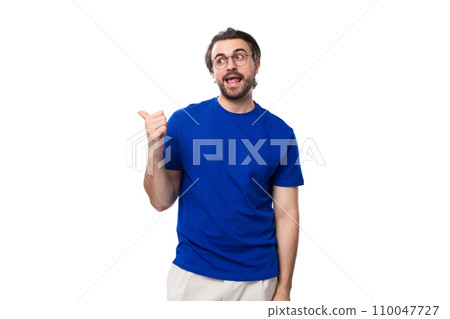 young handsome brunette man with beard in blue t-shirt with identity mockup 110047727