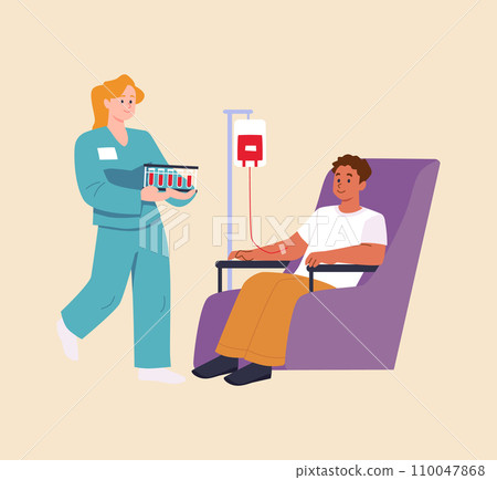 Young boy blood donor sitting in chair flat style, vector illustration 110047868