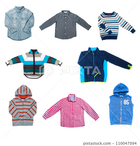 Rack with stylish school uniform on white background 110047894