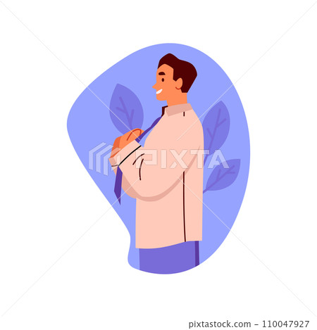 Young man wearing a blue tie, side view, getting ready, putting on casual clothes, happy person dressing apparel vector 110047927