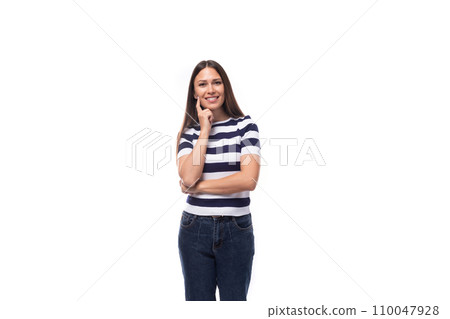 charming slim young brunette woman in a black and white striped t-shirt on a white background with charming slim young brunette woman in a black and white striped t-shirt on a white background with 110047928