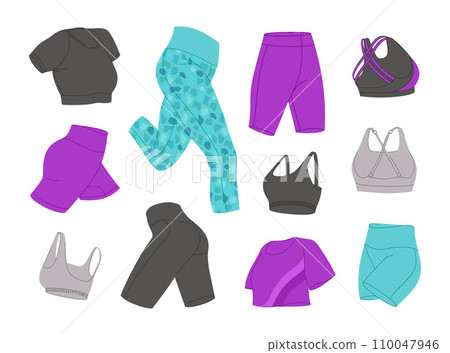 Female fitness clothing vector set. Woman's sports clothes flat design. Ideal for design sports content, stickers and print. 110047946