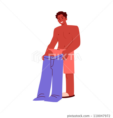 Man taking off or putting on trousers, jeans, flat vector illustration isolated. 110047972