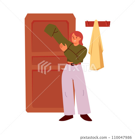 Young woman wearing a green sweater in the hallway, vector happy dressing or changing apparel at home, getting ready Young woman wearing a green sweater in the hallway, vector happy dressing or changing apparel at home, getting ready 110047986