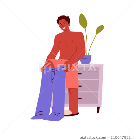 Smiling young man puts on pants flat style, vector illustration 110047991
