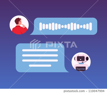 Artificial intelligence chat business service, vector person using AI technology and talking to chatbot via messaging 110047994