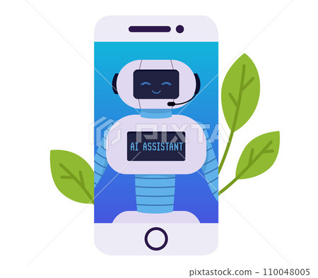 AI virtual assistant robot on smartphone app screen. AI virtual assistant robot on smartphone app screen. 110048005