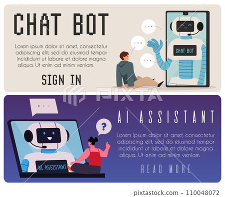 Artificial intelligence assistant and chat bot service landing pages vector set, customers using AI technology support 110048072