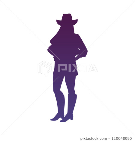 Beautiful cowgirl silhouette, American western rodeo woman dressed in retro wild west style vector outline illustration 110048090