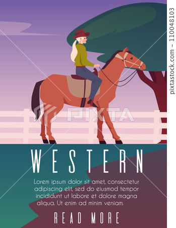 Cowgirl riding on horse at the ranch, American western ranger woman dressed in retro wild west style vector poster 110048103