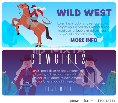 Cowgirls and horse rider in wild west desert landing pages set. 110048113