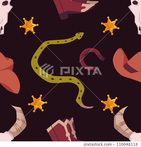 Seamless pattern with wild west cowgirl or cowboy attributes, vector vintage accessories in retro western style Seamless pattern with wild west cowgirl or cowboy attributes, vector vintage accessories in retro western style 110048118