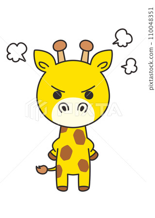 Illustration of a cute giraffe angry with its hands on its hips, whole body, white background, vector, clip art, with main line 110048351