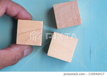 hand holding blank wooden block 110048417