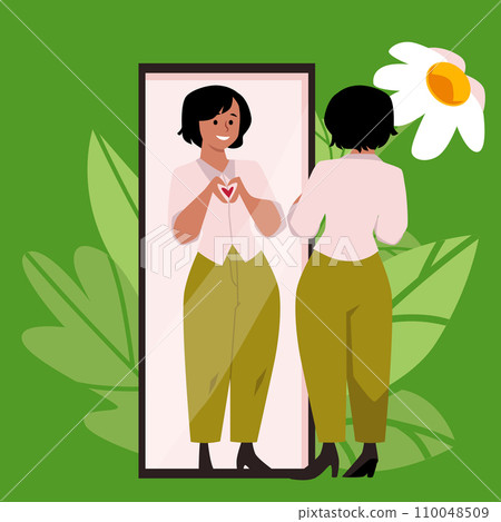 Young smiling woman looking in mirror, vector reflection the heart sign with fingers, love yourself, leaves and flower Young smiling woman looking in mirror, vector reflection the heart sign with fingers, love yourself, leaves and flower 110048509