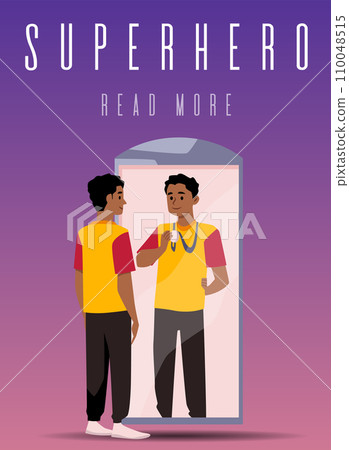 Poster or vertical banner with young man watch on reflection in mirror holding medal Poster or vertical banner with young man watch on reflection in mirror holding medal 110048515