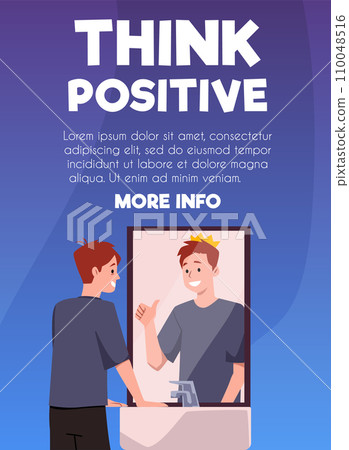 Think positive banner with man in front of mirror, flat vector illustration. Think positive banner with man in front of mirror, flat vector illustration. 110048516