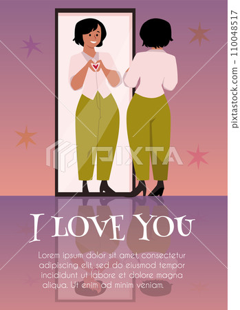 Poster or vertical banner with smiling woman shows heart gesture to reflection in mirror Poster or vertical banner with smiling woman shows heart gesture to reflection in mirror 110048517