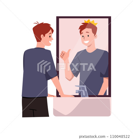 Young man looking in the mirror, in the reflection he is best guy with crown shows thumb sign believe in yourself vector 110048522