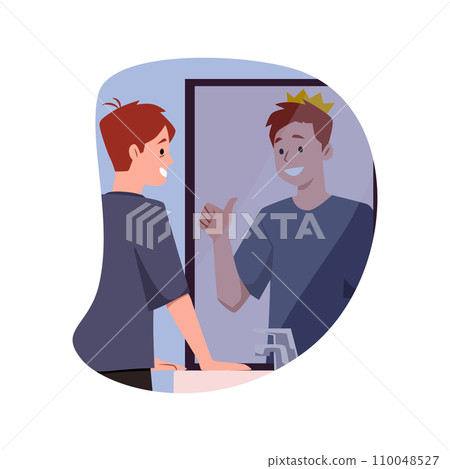 Young happy man looking in the mirror and imagine, fake reflection is great king with crown, cartoon positive vector 110048527