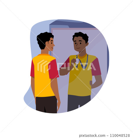Young man looking in the mirror, imagines himself a winner, in fake reflection the best sportsman with medal vector 110048528