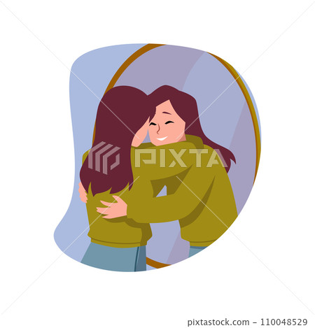 Pretty girl hugs her reflection in the mirror, happy woman love yourself, vector positive motivational illustration 110048529