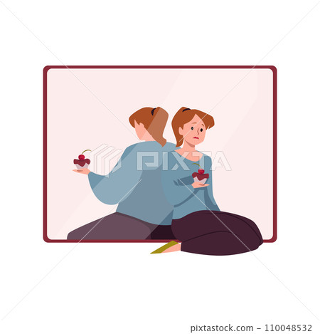 Young woman with cake turned away from the mirror, because thinks she is fat, vector character with mental disorder 110048532