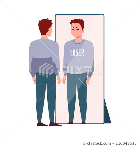 Young man reproaches himself near the mirror, vector upset loser in the reflection, pessimist negative lifestyle 110048533