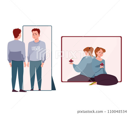 Unhappy loser in the mirror reflection, woman with cake wrong thinks she is fat, vector pessimist, psychology disorder Unhappy loser in the mirror reflection, woman with cake wrong thinks she is fat, vector pessimist, psychology disorder 110048534