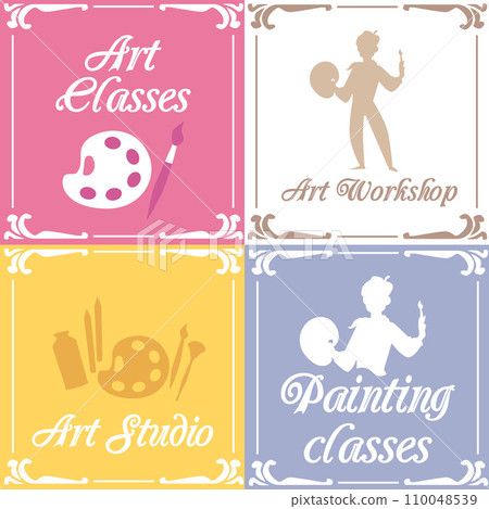 A set of vector cards or banners for an art studio, class or workshop. A set of vector cards or banners for an art studio, class or workshop. 110048539