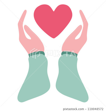 Human hands holding and protecting heart. Love, health and donation concept. Vector Flat or Cartoon illustration isolated on white. Template for Medicine Poster, Valentine Greeting card, Banner. Human hands holding and protecting heart. Love, health and donation concept. Vector Flat or Cartoon illustration isolated on white. Template for Medicine Poster, Valentine Greeting card, Banner. 110048572