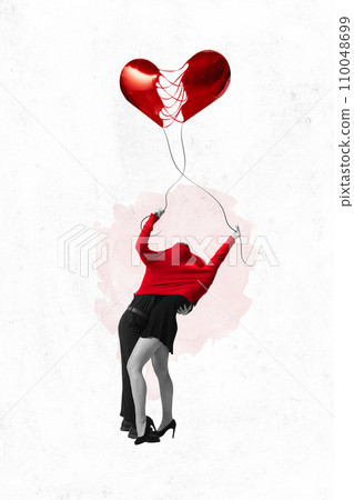 Poster. Contemporary art collage. Young people, couple in monochrome filter, but in one sweater they hold balloon that from two halves of heart make one whole. 110048699