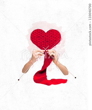 Poster. Contemporary art collage. Hands knit red big heart of spokes as prize of attention and warmth. Concept of Valentine's Day, love 110048700